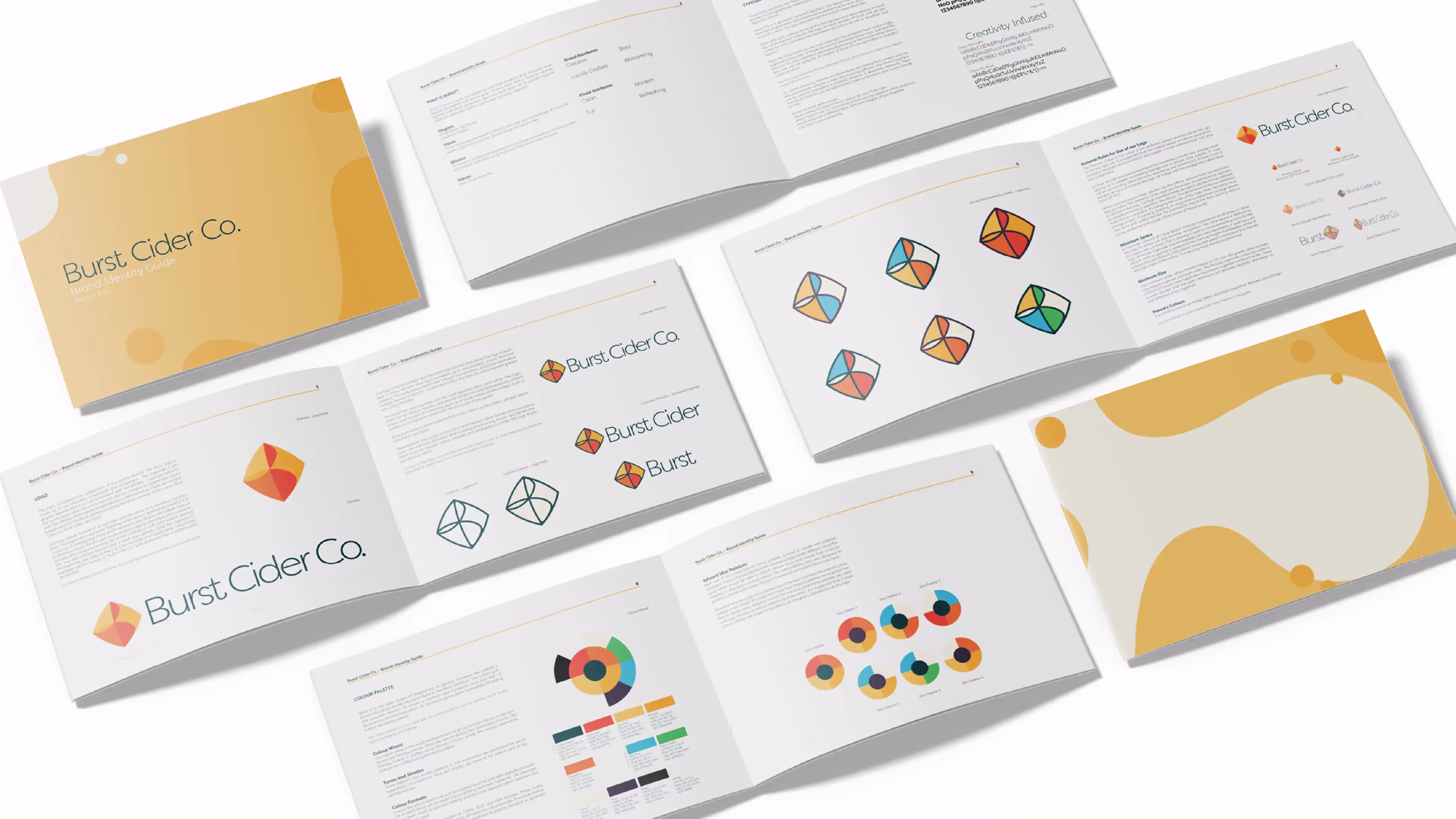Burst Cider Co brand guide displayed in an isometric grid to showcase the various pages inside.