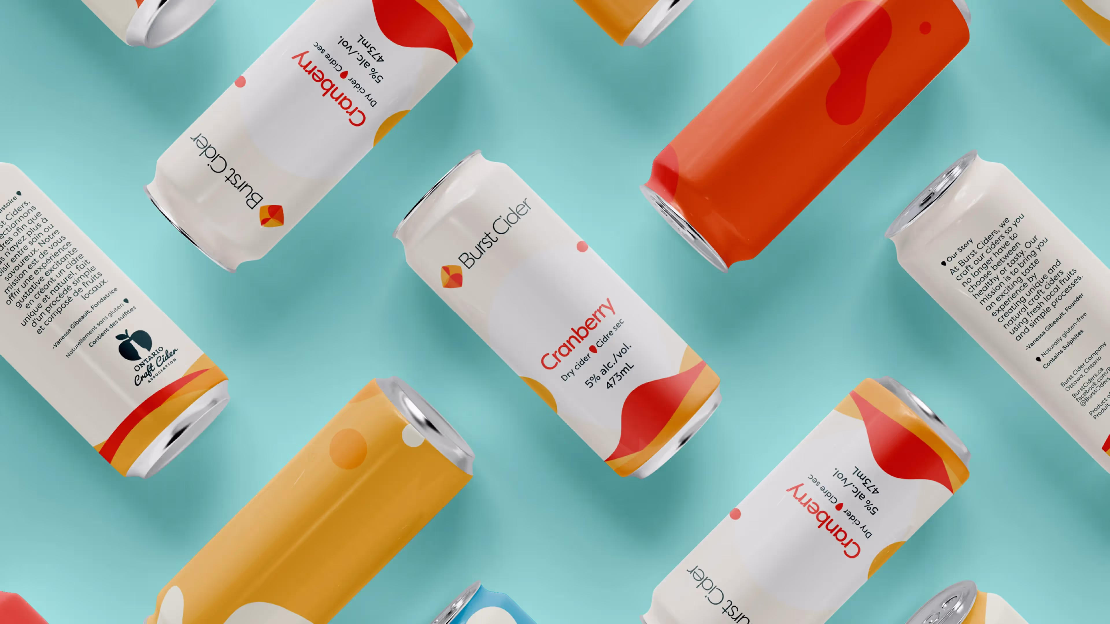 Assorted Burst Cider cans on a light blue background, featuring cranberry flavor prominently.