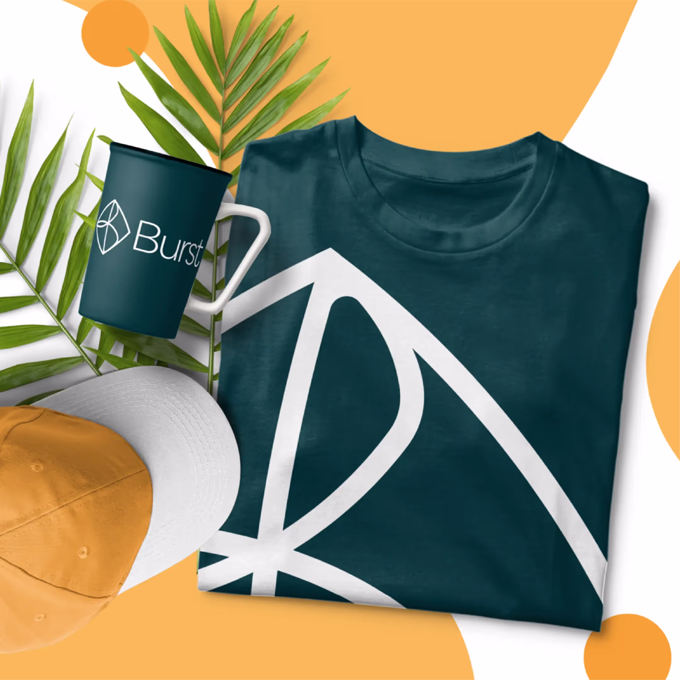 A dark green mug and a t-shirt emblazoned with the Burst logo mark in white.