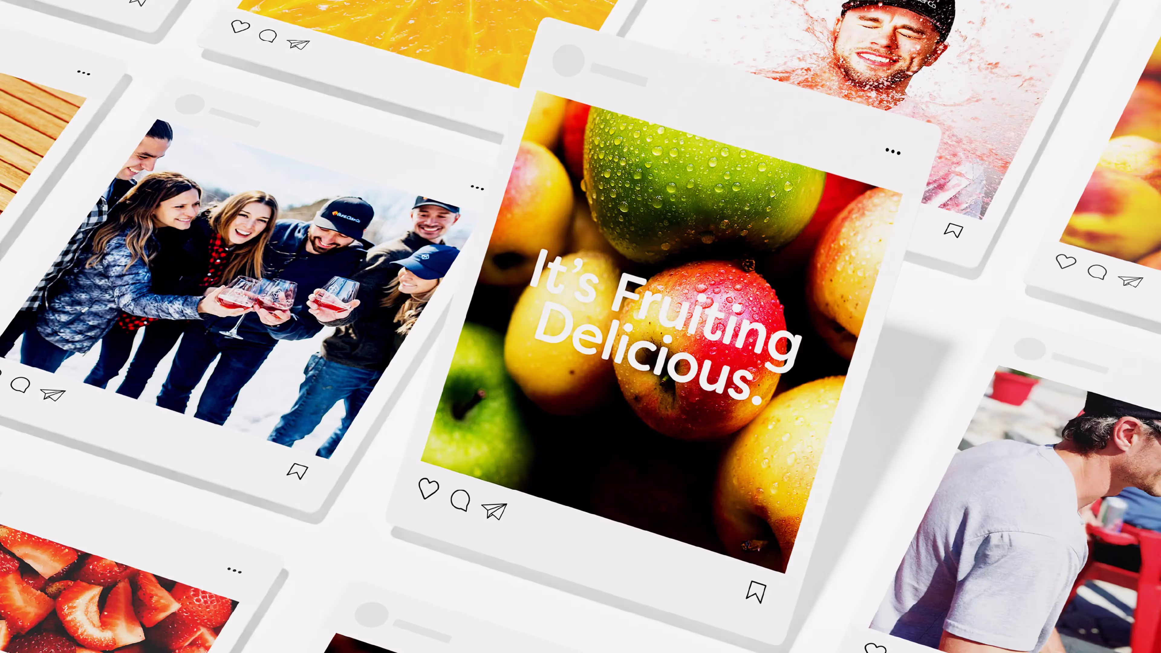 Collage of social media posts featuring Burst Cider, with images of people enjoying cider and a close-up of colorful apples with the text 'It's Fruiting Delicious.