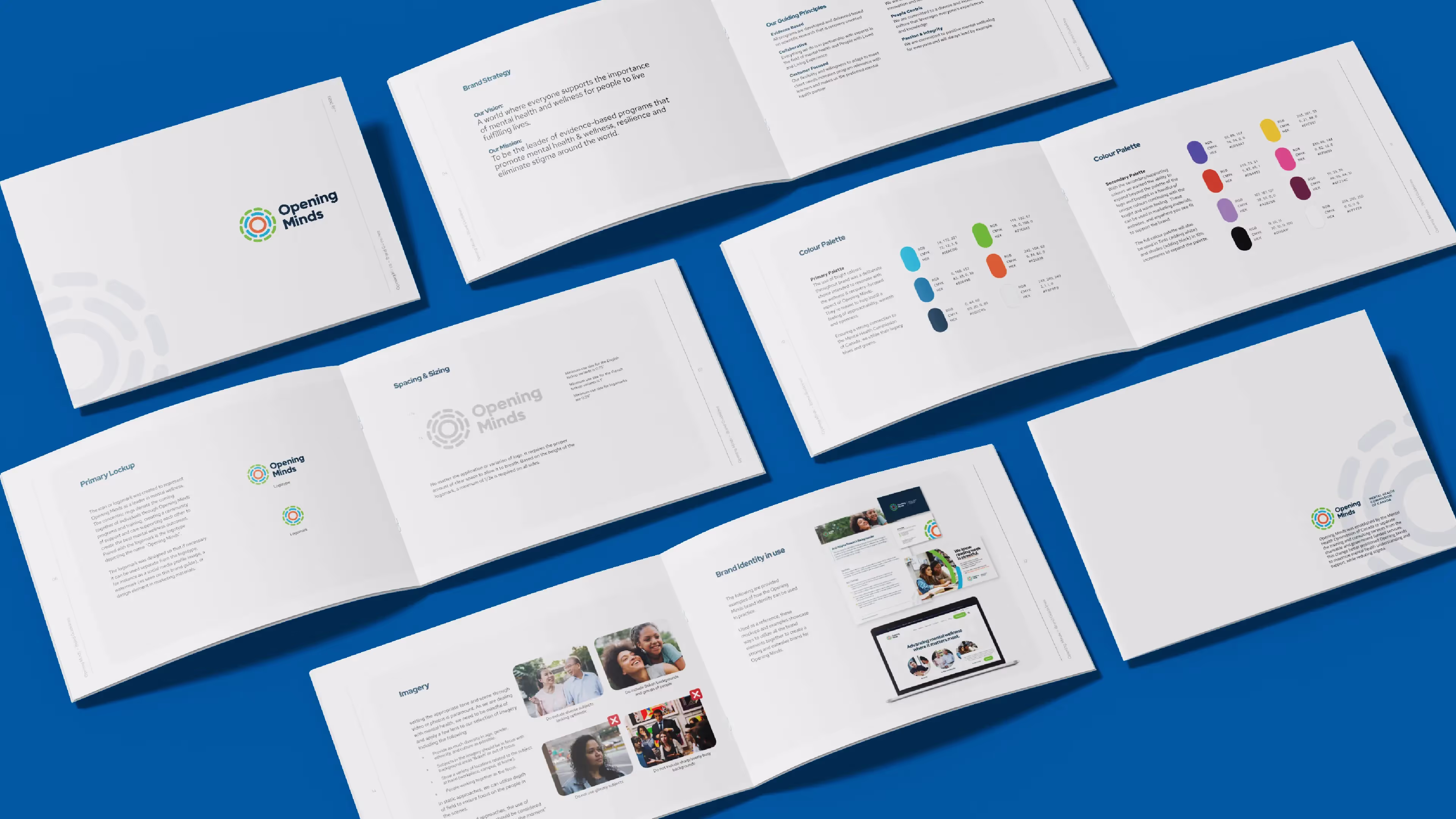 Opening Minds brand guide displayed in an isometric grid to showcase the various pages inside.