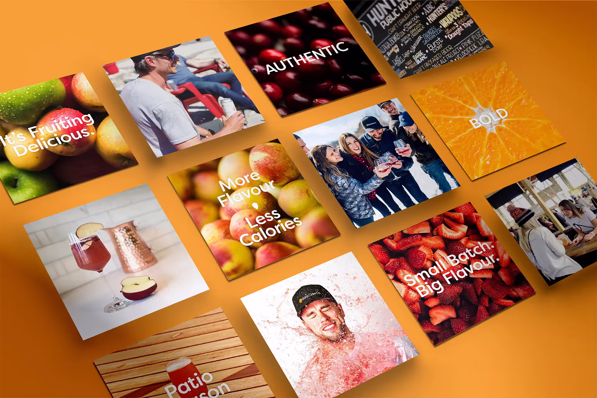 Collage of social media posts featuring Burst Cider, with images of people enjoying cider and a close-up of colorful apples with the text 'It's Fruiting Delicious.