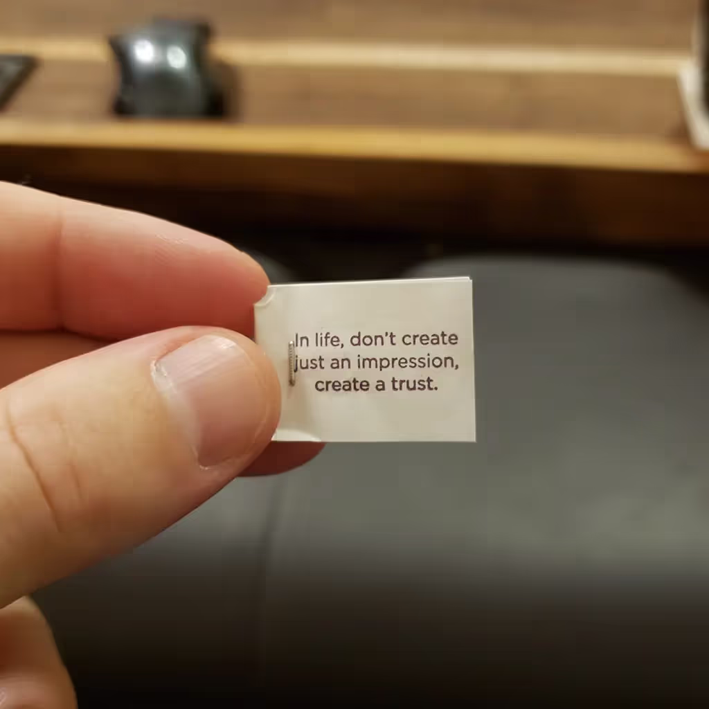 a male hand holding the tag from a tea bag which reads, in life don't create just an impression, create a trust.