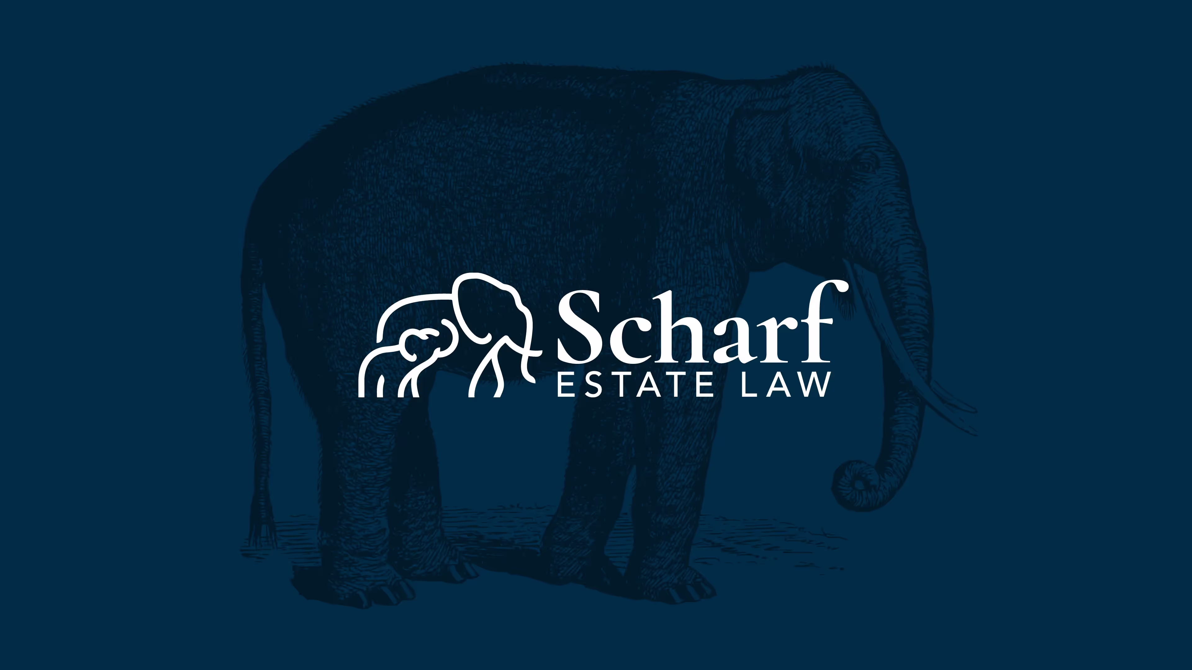The primary logo of Scharf Estate Law. The logo is made up of a minimalist monoline icon of a mom elephant leading a baby elephant towards the name Scharf in a traditional serif type set atop Estate Law set in a modern sans serif.