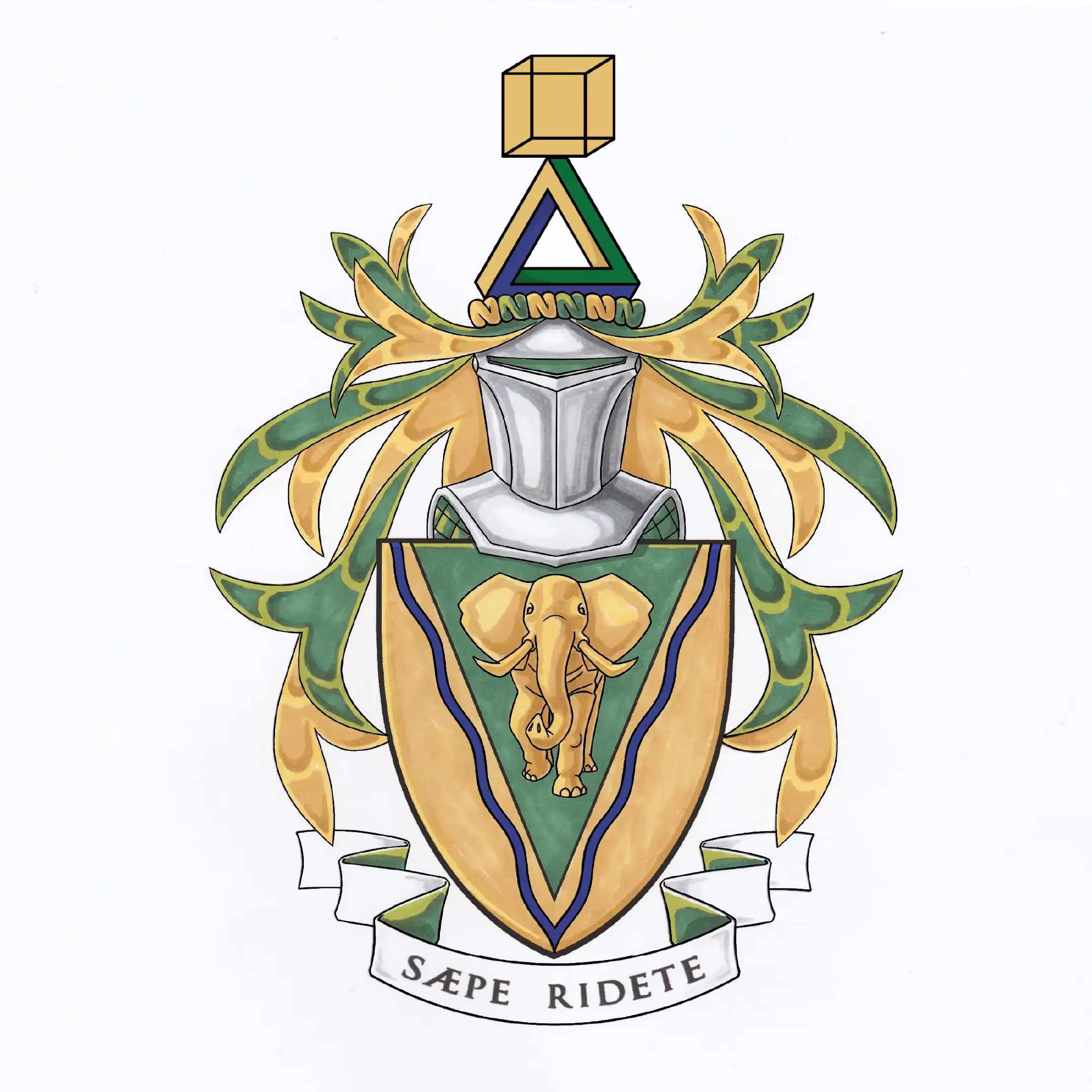 The Scharf family coat of arms. The main elements are green and yellow with a large elephant in the middle.