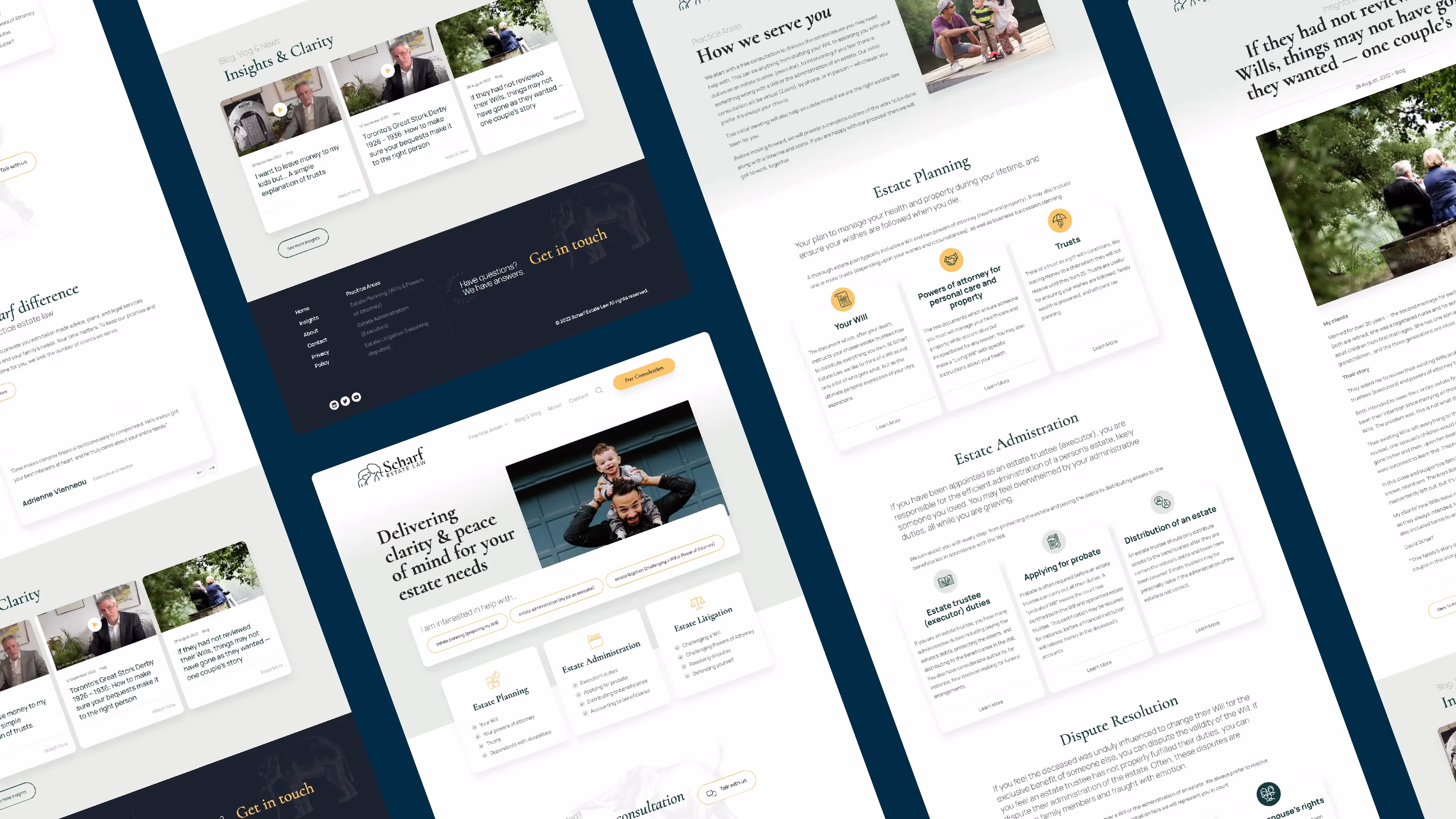 A series of screenshots of different pages of the Scharf Estate Law website. The pages are shown in a grid.