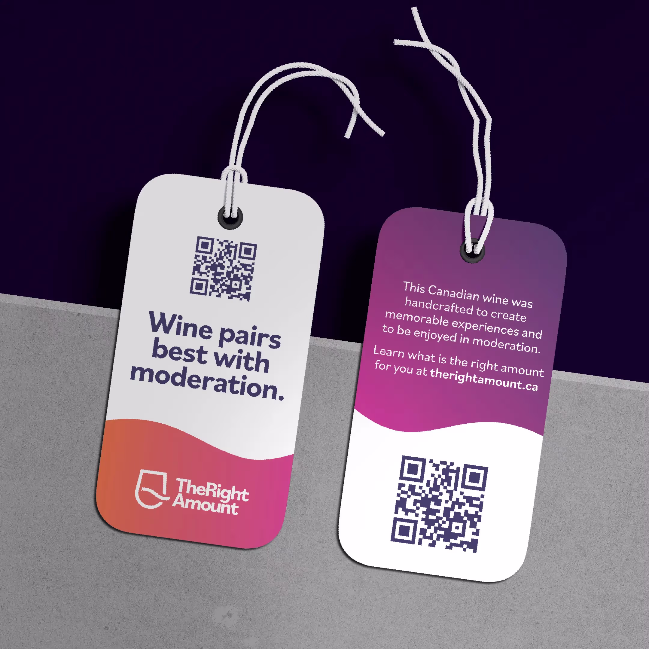 The RIght Amount neck tags for wine bottles. The headline says Wine pairs best with moderation and has a QR code that links back to The Right Amount website